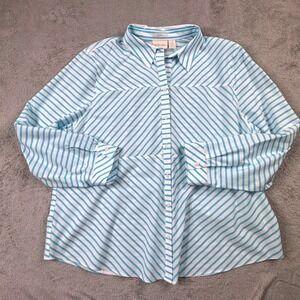 Chicos No-Iron Striped Button Down Shirt Blue White Cotton Blouse Womens Size 4